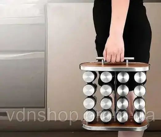 Карусель для специй набор для специй 16 емкостей Stainless steel and wood / органайзер для хранения специй | Зображення 2