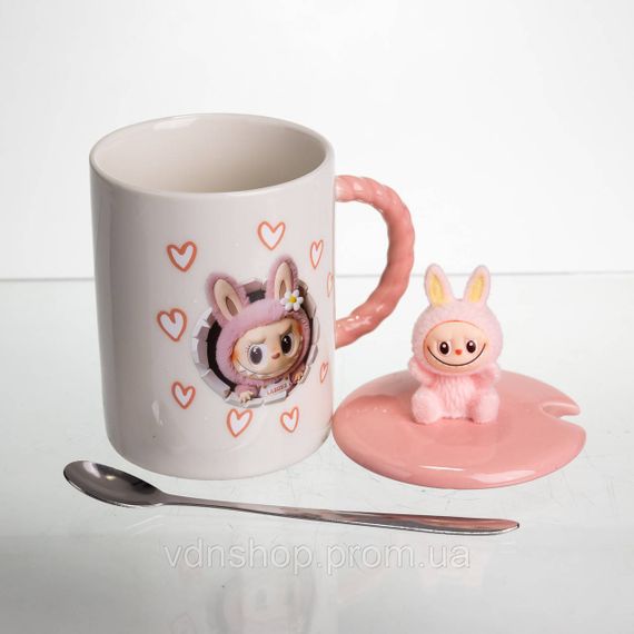 Кубок порцелянова з кришкою і ложкою Labubu 400 (мл) подарункова кружка прикольна чашка для дітей на подарунок Рожевий FM-35C | Зображення 2