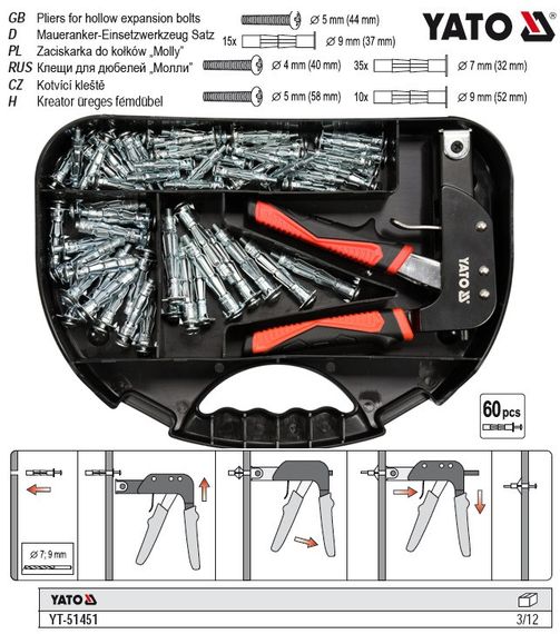 Заклепочник дюбелів Molly 60 дюбелів YATO YT-51451