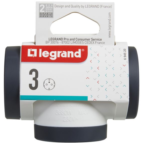Мережевий розгалужувач LEGRAND ПРЕМІУМ 3х2К+З бокові розетки, колір Білий/Чорний (694520) | Зображення 3