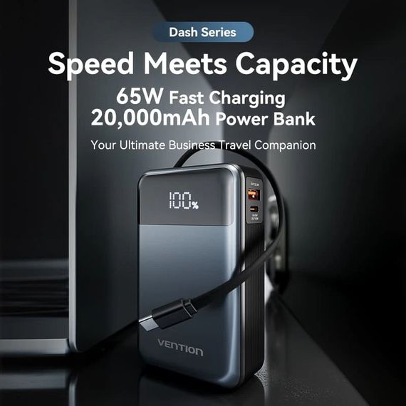 УМБ Vention 20000mAh 65W 3A PD,QC3.0,USB-A,1хType-C OUT,with Built-in USB-C Cable, LED Display,Black | Зображення 2