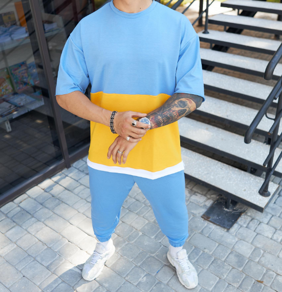 Мужской летний спортивный костюм в стиле оверсайз штаны + футболка FD201/1 цвет желто-голубой, размер L