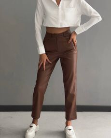 Женские укороченные широкие брюки из эко кожи BF1182 цвет мокко, размер 44/46