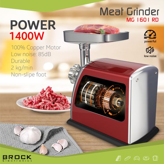 М'ясорубка BROCK  MG 1601 RD 1400Вт/2кг/хв/реверс/3 решітки/насадка для ковбас/кеббе/3 терки/червона | Зображення 8