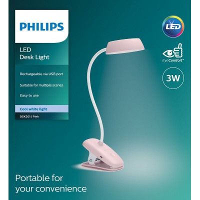 Настольная лампа Philips LED Reading Desk lamp Donutclip 3W, 4000K, 1200mAh (Lithium battery), рожевий | Зображення 2