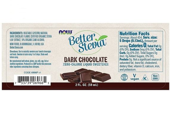 Заменитель сахара NOW Foods Better Stevia, Zero-Calorie Liquid Sweetener, 2 fl oz 59 ml Dark Chocolate | Зображення 1