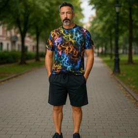 Чоловічий літній трикотажний костюм футболка з принтом Кольоровий дим та темно-сині шорти 46