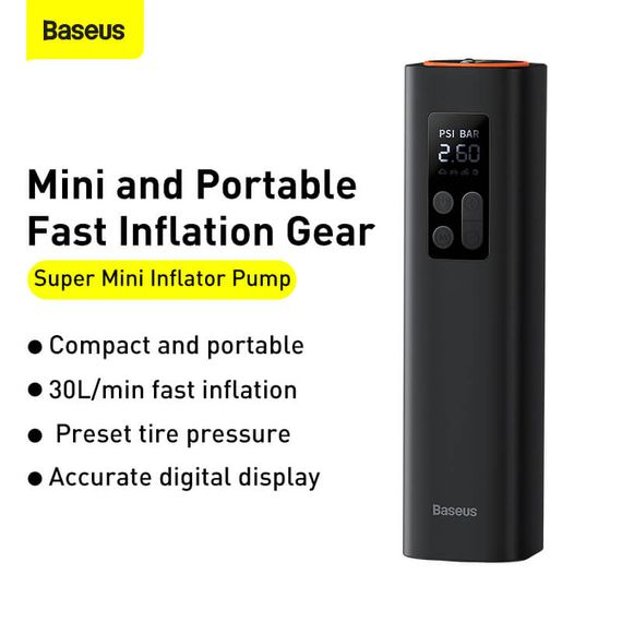 Портативний Компресор для автомобіля BASEUS Super Mini Inflator Pump |30L/Min, 12V, 150psi, 3m cable| (CRCQ000001) | Зображення 2