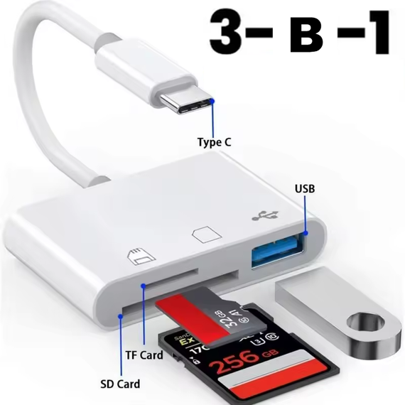 Кардридер OTG хаб конвертер USB Type-C - USB 2.0+SD+TF (3 в 1) білий | Зображення 1