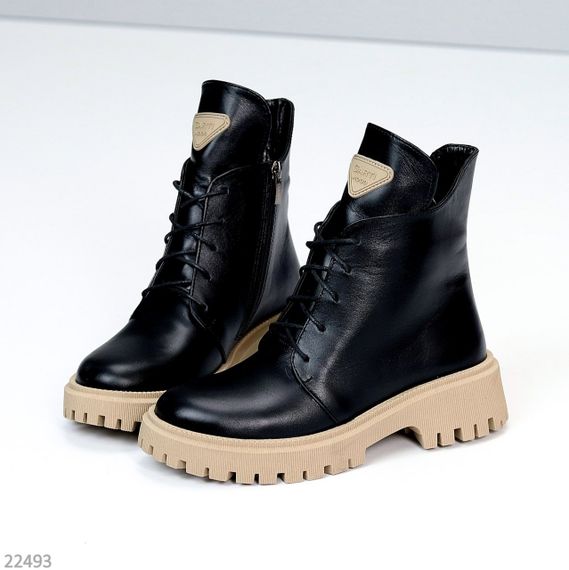 Крутые повседневные черные ботинки натуральная кожа на бежевой подошве | Зображення 1