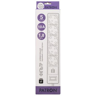 Сетевой фильтр питания Patron 1.8m + 2 USB 2.0, 2.1A, 5 роз. White (EXT-PN-SP-52-USB-W) | Зображення 1
