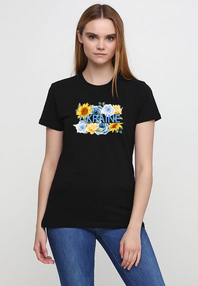 Футболка жіноча чорна з принтом "Україна на квітах", S