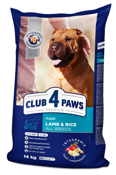 Клуб 4 Лапи ПРЕМІУМ "ЯГНЯ ТА РИС" ДЛЯ ДОРОСЛИХ СОБАК УСІХ  ПОРІД. ПОВНОРАЦІОННИЙ СУХИЙ КОРМ. 14 кг
