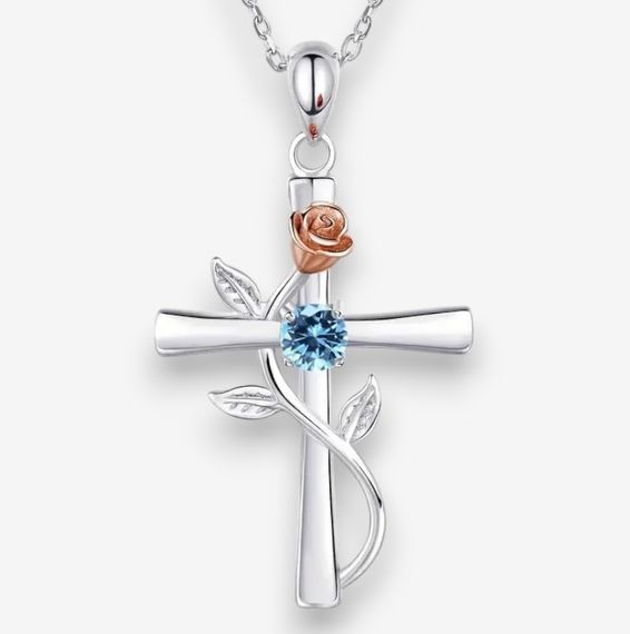 Жіноча підвіска з ланцюжком у вигляді хреста з трояндою та синім фіанітом, срібляста, 3.5 см, 45+5 см
