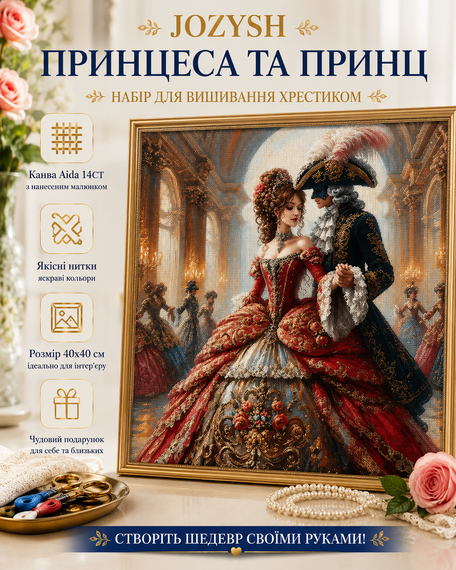 Набір для вишивання хрестиком JOZYSH "Принцеса та Принц" 14CT, 40x40 см, канва Аїда з нанесеним малюнком | Зображення 1