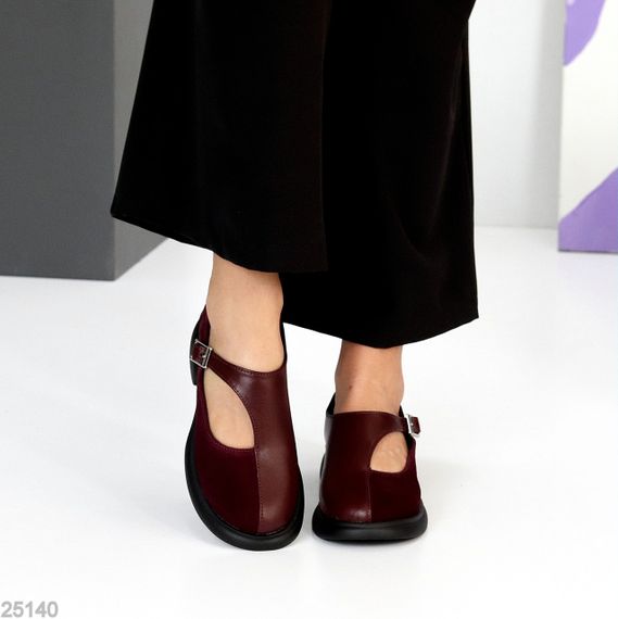 Дизайнерські бордові туфлі натуральна шкіра + замша низький хід | Зображення 2