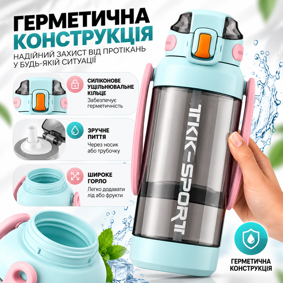 Бутылка для воды TKK 1400 мл бирюзовая спортивная из тритана Tritan BPA Free, с трубочкой, ручкой и ремешком | Зображення 5