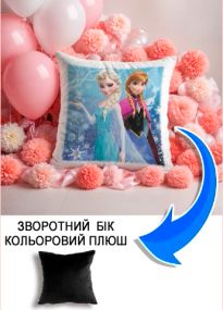 Подушка плюшева Мерч Крафт Дизайн з принтом Frozen Ельза Анна чорний плюш квадратна 33х33 см