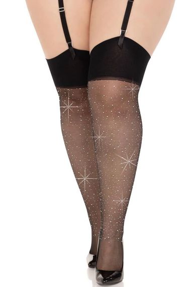 Панчохи під пояс Leg Avenue Wide Top Rhinestone Sheer Stockings Чорні 1X/2X