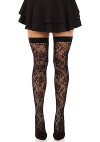 Панчохи Leg Avenue Wild rose net thigh highs, One Size, чорні, широка резинка, малюнок-троянди