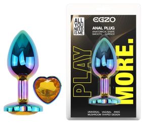Анальная пробка EGZO Multicolor Heart Plug Yellow S с кристаллом, радужная металлическая Sex Aura