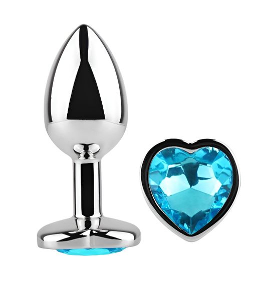 Анальна пробка з кристалом EGZO - Silver Heart Plug Aqua size M Sex Aura | Зображення 1