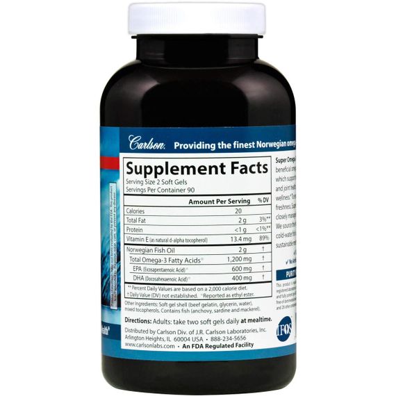 Омега-3 супер, Super Omega-3, Carlson з дикої природи, 600 мг, 180 капсул | Зображення 1