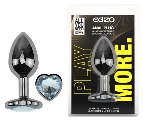 Анальна пробка EGZO Dark Silver Heart Plug S із прозорим кристалом у формі серця Sex Aura