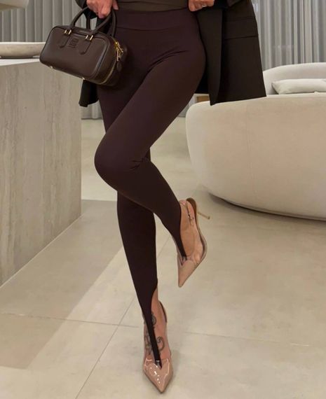 Женские лосины со штрипками через палец микродайвинг с высокой посадкой цвет коричневый, размер M/L IP733 | Зображення 2