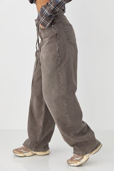 Жіночі шоколадні джинси із зав'язками на поясі - коричневий цвет, 40р (є розміри) | Зображення 4