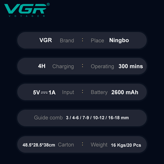 Аккумуляторная машинка для стрижки VGR V-659, 5 насадок, регулировка мощности, IPX7, LED дисплей | Зображення 7