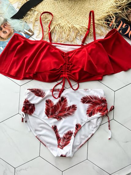 Роздільний червоний купальник  PLUS SIZE знімними чашками та високими плавками | Зображення 9