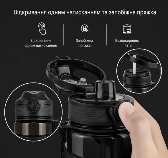 Бутылка KANGZYUAN 450 мл - Черная Tritan BPA-free, ударопрочная, спортивная с эргономичной крышкой | Зображення 2