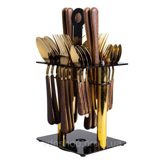 Набор столовых приборов на 6 персон с деревянными ручками на подставке столовые приборы 24 шт Золото HP-20-2 | Зображення 2