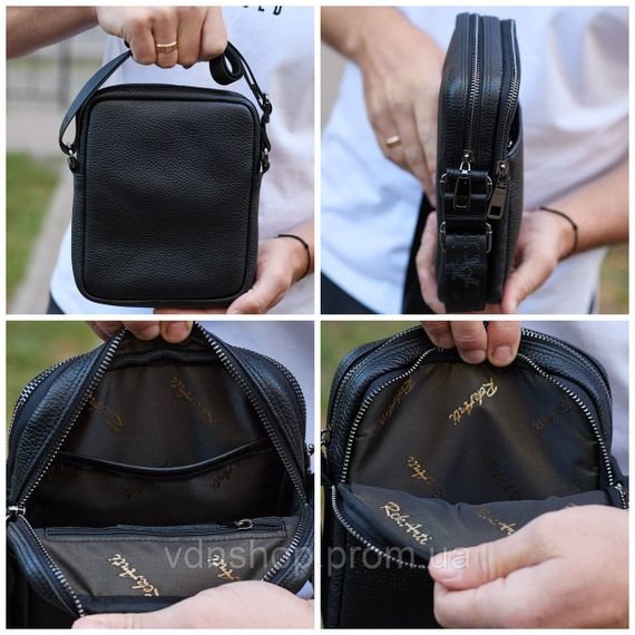 Чоловіча барсетка через плече, зернистая кожа 20х16х6, месенджер для міста, сумка для телефону та документів, чорна | Зображення 4