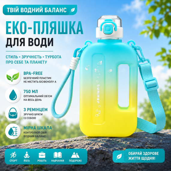 Эко-бутылка для воды 750 мл желтый градиент матовый, BPA-free с ремешком и мерной шкалой