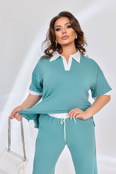 Женский легкий летний брючный костюм с футболкой, большие размеры и батал, SS172 цвет ментоловый, размер 56/60 | Зображення 3