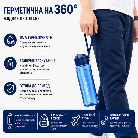 Бутылка для воды KANGZYUAN 700 мл Tritan спортивная, BPA Free, с герметичной крышкой, Голубая | Зображення 8