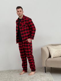 Піжама чоловіча COSY з фланелі (штани+сорочка+футболка) клітина червоно/чорна