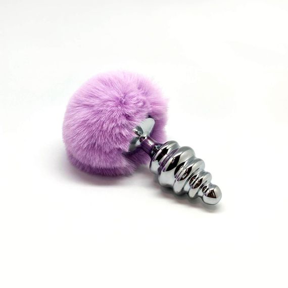 Металева анальна пробка Кролячий хвостик Alive Fluffy Twist Plug L Purple, діаметр 3,8 см | Зображення 2