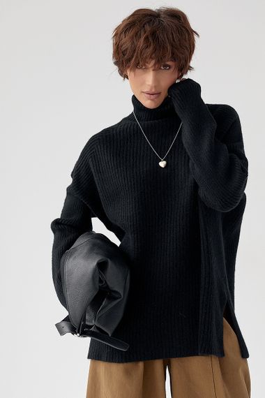 В'язана туніка в рубчик із високою горловиною - чорний цвет, ONE SIZE (є розміри)