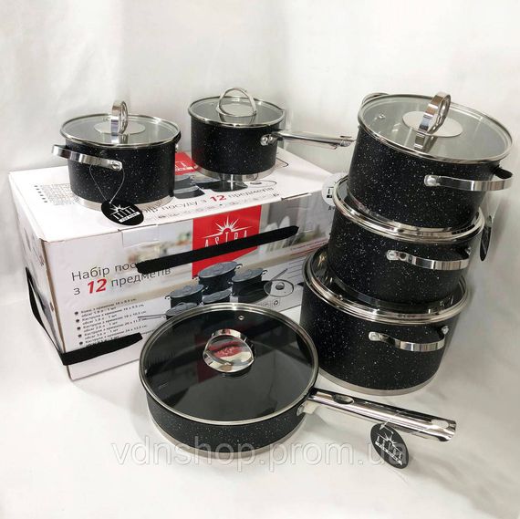 Набір каструль для електронної плити 12 предметов ASTRA A-2512, Набір каструль з антипригарним дном EW-38 | Зображення 3