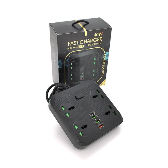 Мережевий фільтр TB-Т18, 4 розетки + 2 USB + PD, 2 м, перетин 3х0, 75мм, 3000W | Зображення 1