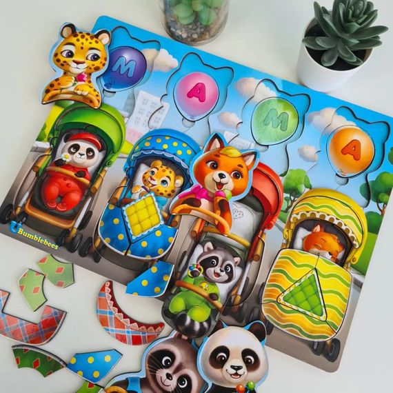 Деревянная настольная игра "Звери в колясках" Ubumblebees (ПСД176) PSD176 сортер-вкладыш | Зображення 5