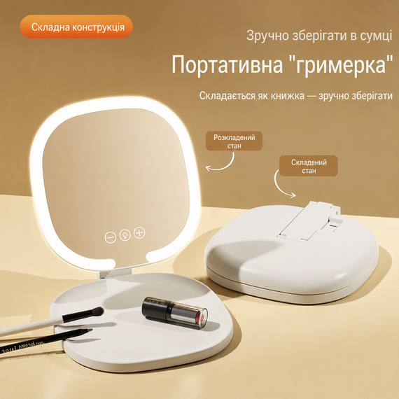 Овальне складане дзеркало з LED-підсвіткою і регулюванням яскравості XL-1918, портативне косметичне дзеркало для макіяжу | Зображення 3