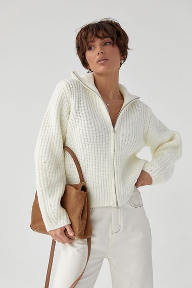 Кардиган на блискавці з крупної в'язки - молочний цвет, ONE SIZE (є розміри)
