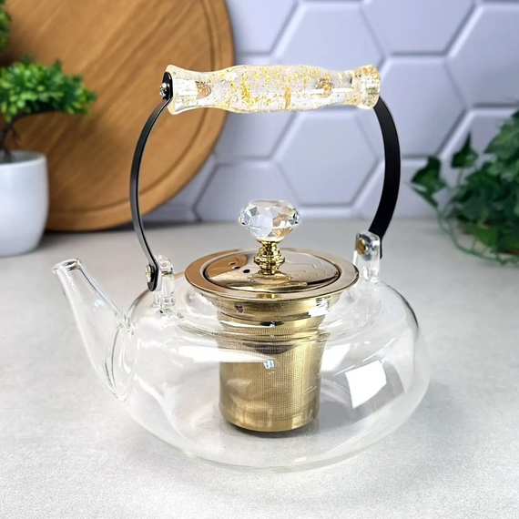 Стильный стеклянный чайник Oolong GK-5813 1 л с золотистыми элементами и удобным заварочным фільтром Прозрачный | Зображення 5