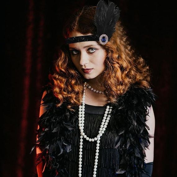Набір аксесуарів у стилі 20-х Гетсбі Чикаго для жінок, обідок флаппер з пір’ям намисто сережки браслет чорні рукавички мундштук | Зображення 5