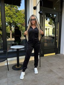 Женский спортивный велюровый костюм на молнии с капюшоном штаны на манжете цвет черный размер 46/48 Mon2052