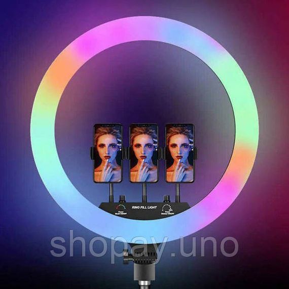 Кольцевая LED лампа RGB MJ45 Ring 45 см комплектация адаптер со встроенным кабелем, держатели для телефона, пульт | Зображення 9